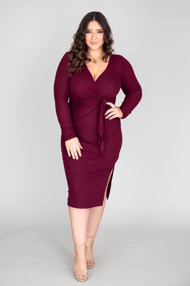 Daring Heart Ribbed Midi Burgundy Dress