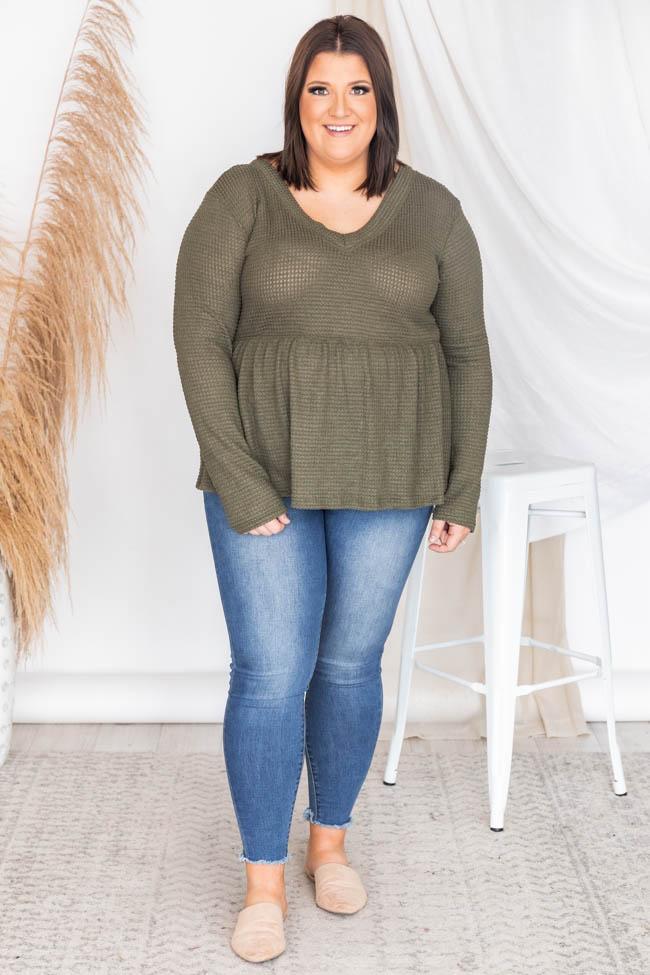 Chance To Shine Olive Peplum Waffle Knit Blouse