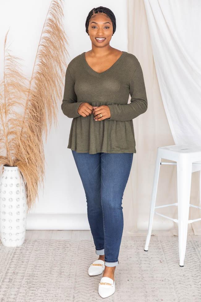 Chance To Shine Olive Peplum Waffle Knit Blouse