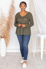 Load image into Gallery viewer, Chance To Shine Olive Peplum Waffle Knit Blouse
