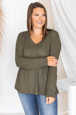 Load image into Gallery viewer, Chance To Shine Olive Peplum Waffle Knit Blouse
