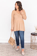 Load image into Gallery viewer, Chance To Shine Tan Peplum Waffle Knit Blouse
