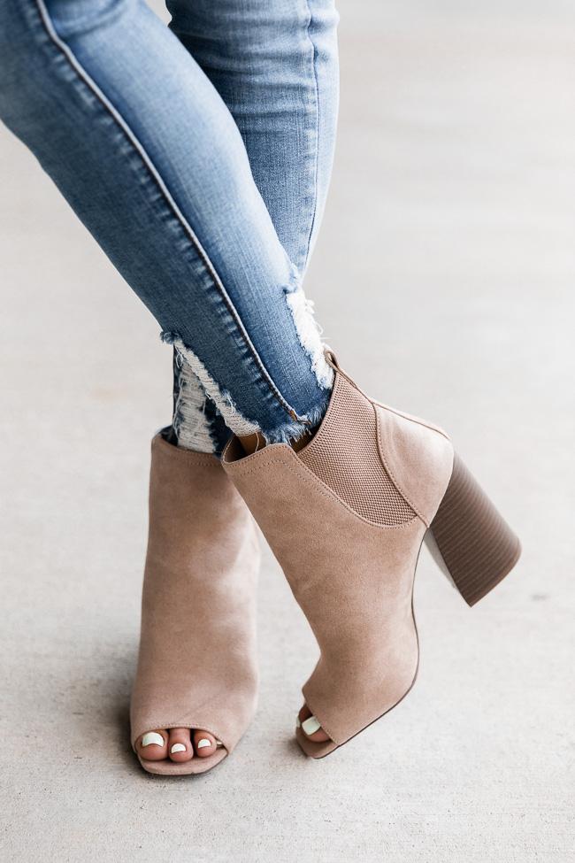 Eliana Taupe Block Heel Open Toe Booties