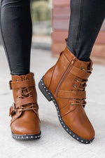 Load image into Gallery viewer, Veronica Leather Stud Camel Combat Boots
