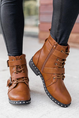 Veronica Leather Stud Camel Combat Boots