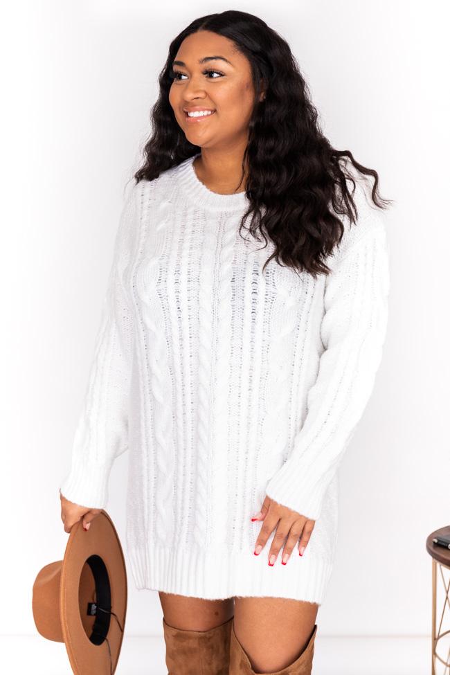 CAITLIN COVINGTON X PINK LILY The Krista Cable Knit Ivory Sweater Dress