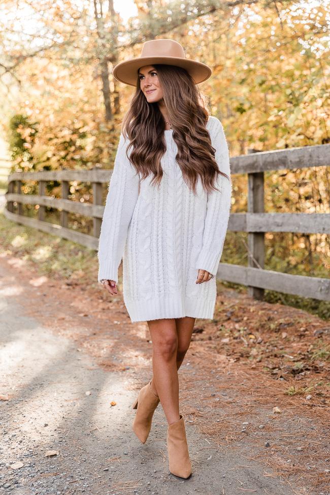 CAITLIN COVINGTON X PINK LILY The Krista Cable Knit Ivory Sweater Dress