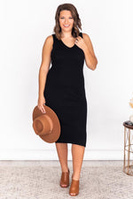 Load image into Gallery viewer, CAITLIN COVINGTON X PINK LILY The Courtney Ribbed V-Neck Black Midi Dress
