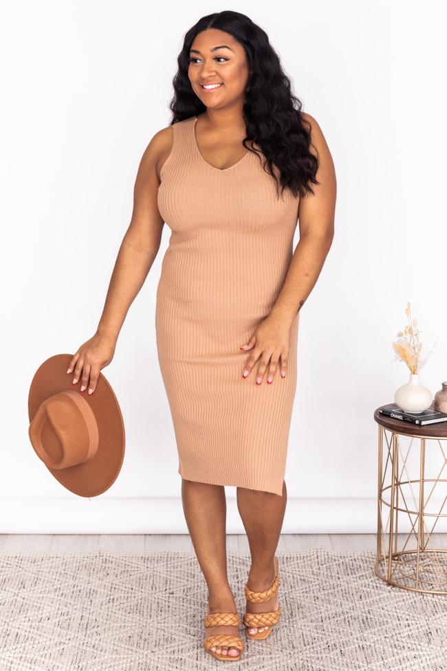 CAITLIN COVINGTON X PINK LILY The Courtney Ribbed V-Neck Tan Midi Dress