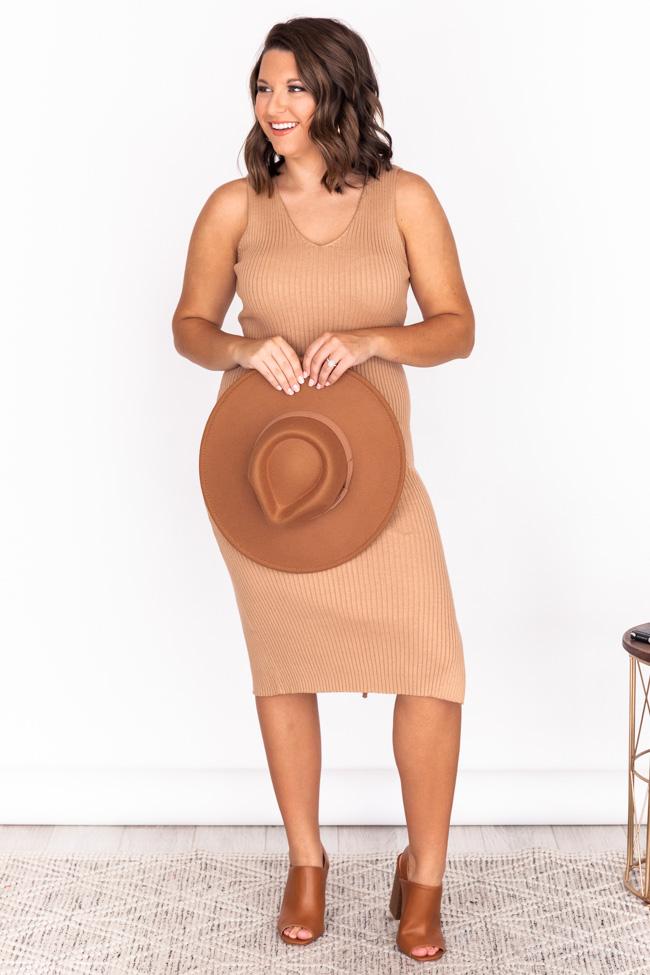 CAITLIN COVINGTON X PINK LILY The Courtney Ribbed V-Neck Tan Midi Dress