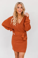 Load image into Gallery viewer, CAITLIN COVINGTON X PINK LILY  The Chelsea Wrap Burnt Orange Sweater Dress
