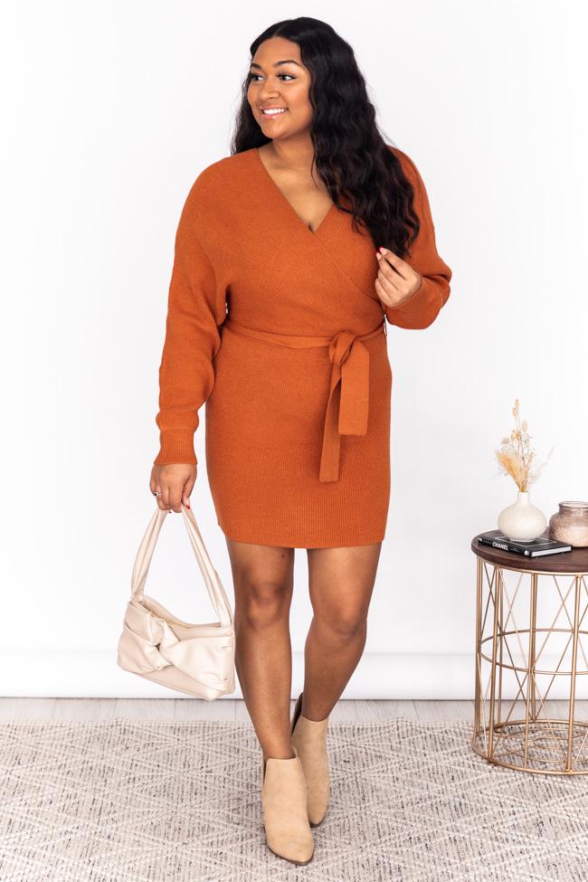 CAITLIN COVINGTON X PINK LILY  The Chelsea Wrap Burnt Orange Sweater Dress