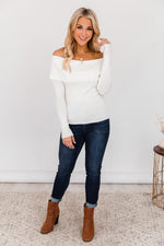 Load image into Gallery viewer, CAITLIN COVINGTON X PINK LILY The Nancy Foldover Ivory Fitted Off The Shoulder Sweater
