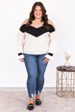 Load image into Gallery viewer, Carefree Heart Ivory/Tan Colorblock Chevron Sweater
