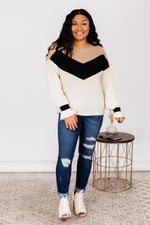 Load image into Gallery viewer, Carefree Heart Ivory/Tan Colorblock Chevron Sweater
