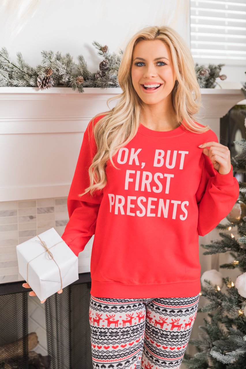 OK, But First Presents Graphic Sweatshirt