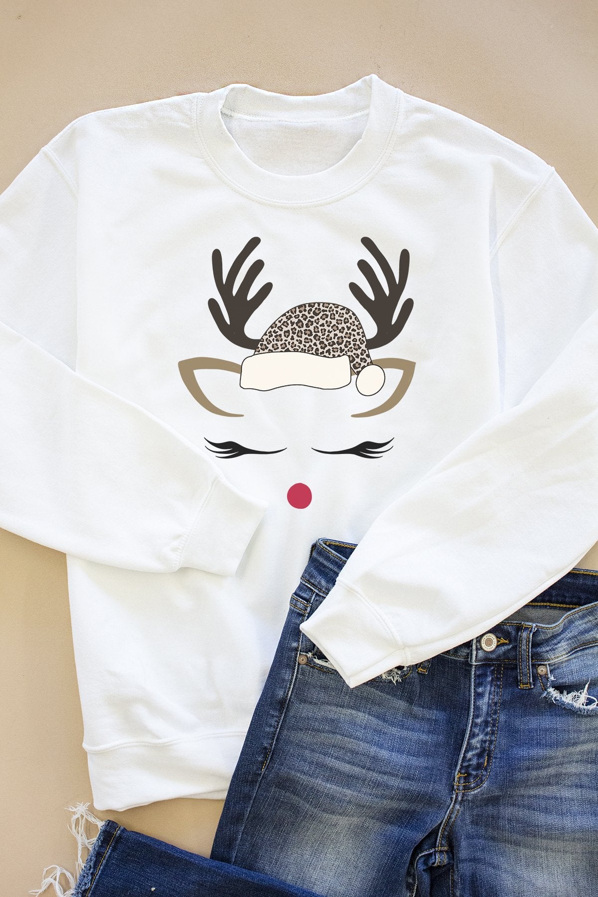 Leopard Print Reindeer Lady White Graphic Sweatshirt